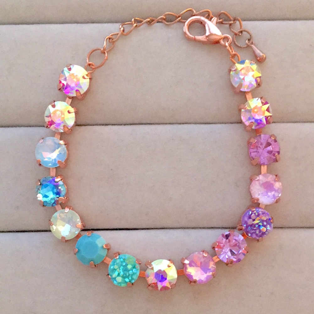 Iridescent Turquoise + Purple Opal Ombre Rose Gold Crystal Tennis Bracelet - Picture 9 of 10